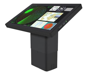 A black, table-mounted 55 inch monitor with 4K resolution. The unit is produced by Hatteland Technology. It lets you present large amounts of data onto one screen, like nautical chart and sonar data. It is IEC 60945 certified.