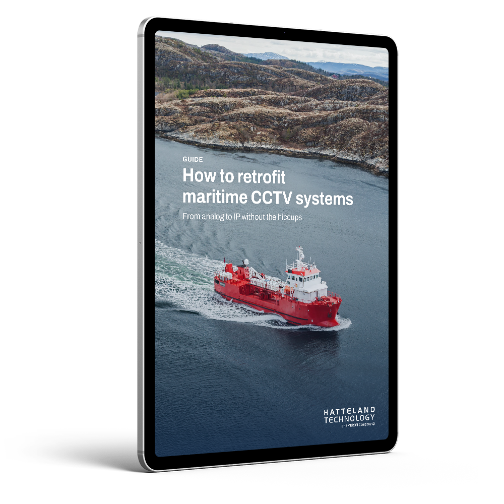 This image shows a tablet displaying the front page of Hatteland Technology's guide on how you retrofit maritime CCTV systems (analog to digital/IP)