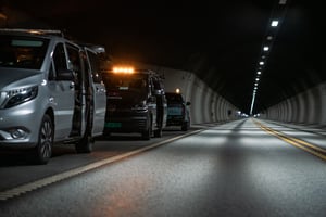 This picture shows an array of cars inspecting a road tunnel in relation to a new CCTV solution/mobility surveillance project. The tunnel is dark, but illuminated, and without traffic. The lane dividers/lines are yellow.