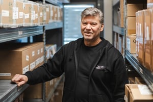 The picture shows team leader Fernando Oliveira at Hatteland Technology's warehouse. He is wearing a black hoodie and is surrounded by cardboard boxes on shelves.