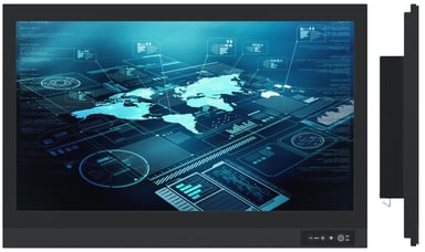 Front and side view of the Hatteland HD27T30 smart monitor. 