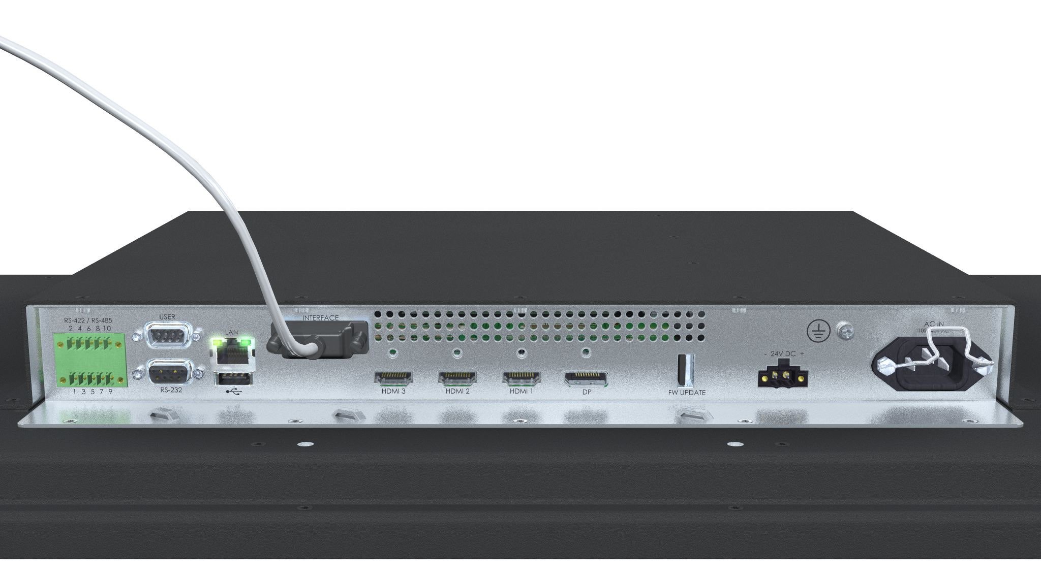 The illustration shows the I/O interface of a Hatteland Technology X MVD maritime monitor. Among several other ports, it has two power inputs.