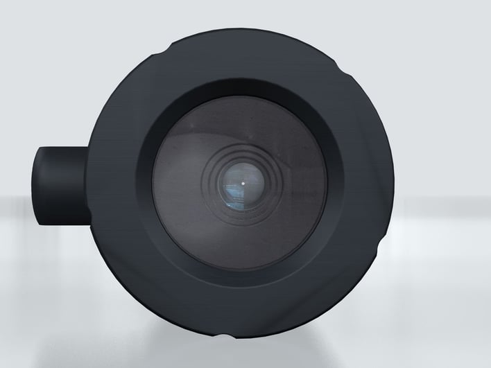 Staring into the lens of a Hatteland HT FBVF AA-X1 varifocal, bullet surveillance camera.  