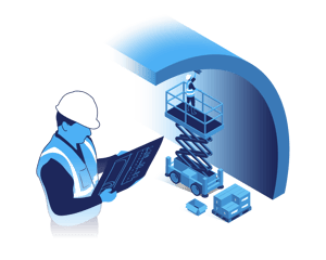 An engineer, wearing a hardhat, is holding a technical drawing. In the background, someone is installing a technical system inside a tunnel. It illustrates how Hatteland Technology packs shipments in a logical way, for easy installation.