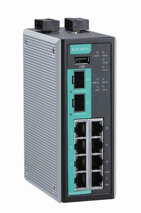 The Moxa EDR-810, a highly integrated industrial multiport secure router with Firewall/NAT/VPN and managed Layer 2 switch functions.