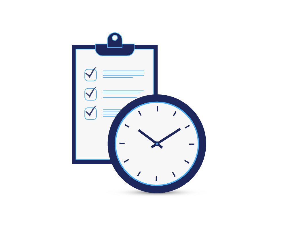 An illustration showing a clock and a notepad, indicating how Hatteland Technology can help you plan the production of a technical system.