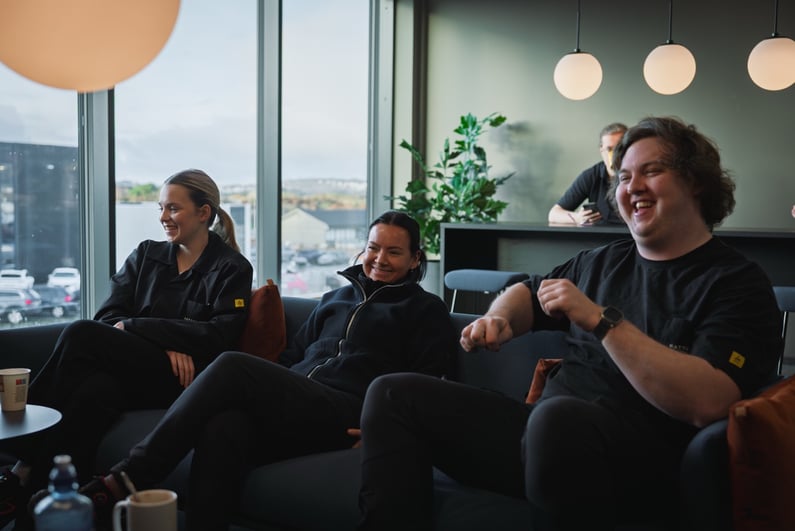 This picture shows Hatteland Technology staff in one of the communal areas inside the new production building.