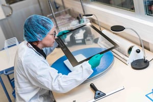A worker is inspecting a panel at Hatteland Technology's factory in Aksdal, Norway. She is performing optical bonding under strong light to make sure there are no impurities. She is wearing gloves, a lab coat and a hat. 