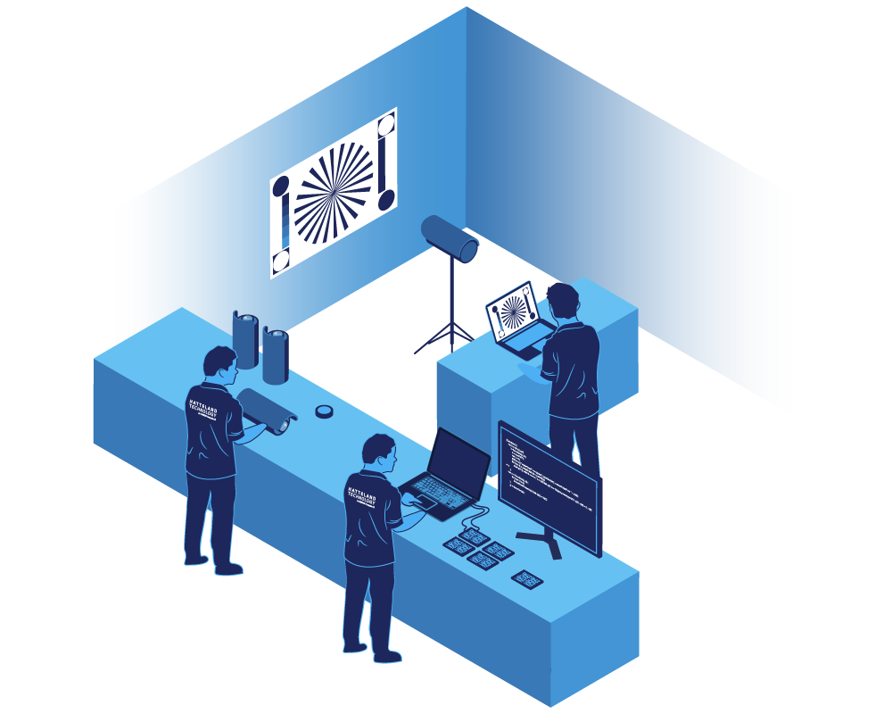 An illustration showing personnel testing industrial IT hardware. It indicates how Hatteland Technology builds robust technical systems.