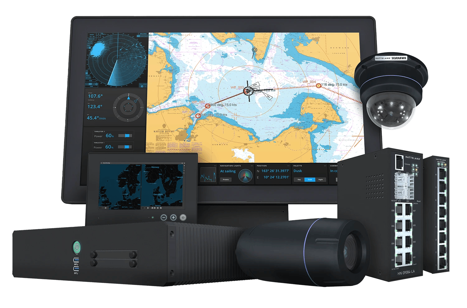 The image shows a collection of Hatteland Technology products. Monitors, a computer/server, two SeaHawk cameras, dome and bullet, and two network switches.  