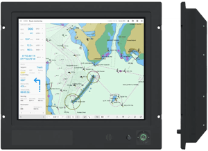 This is a large image of the Hatteland Series 1 marine monitor. It displays a colourful nautical chart.