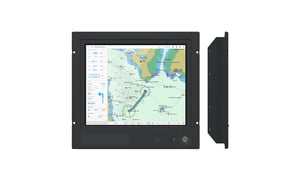 This illustration shows the Hatteland Technology Series 1 monitor, from the front and the side. The monitor is displaying a nautical chart.