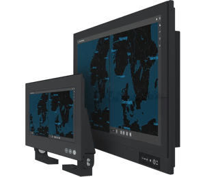 The Hatteland Technology Series E marine monitor as seen from an angle. It as available in different sizes and features single-cable installation (USB C). The monitors are displaying dark/blue nautical maps.