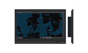 This illustration shows the front and side of the Series E marine monitor from Hatteland Technology. The background is dark/blue nautical chart.