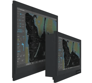 This is the Hatteland Technology Series E Smart Monitor – for marine applications, as seen at an angle. It comes in different sizes and is based on ARM CPUs and Android(TM). The illustration showcases colourful nautical charts.
