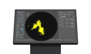 The illustration shows the front of the 55-inch Series X MVD monitor by Hatteland Technology. The monitor is showing a radar plot.