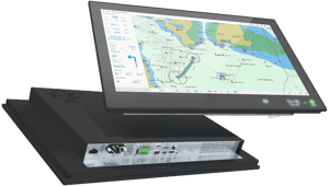 The Hatteland Series X marine display, front- and back view. You can see some of the ports and possible connections that this sleek, versatile display offers. The unit pictured is showing a colourful nautical chart, underlining its ECDIS capabilities.