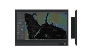 The Series E Smart monitor as seen from the front and the side. This Hatteland Technology product can be used for thin-client applications such as VMS. The marine display is showing a nautical chart in colors.