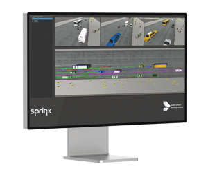 The illustration depicts a computer screen displaying the Sprinx AID solution for traffic management. The software integrates with the traffic surveillance CCTV system. The four windows show cars and buses and their movements across a stretch of road.