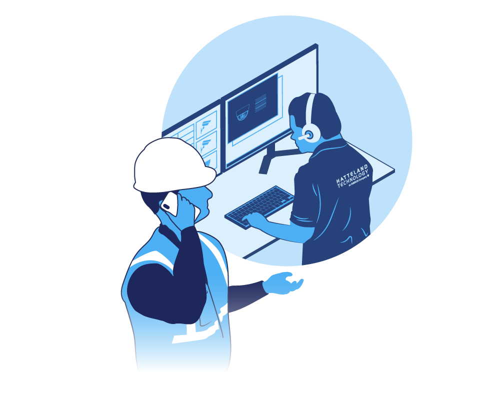 An engineer, wearing a hardhat in the foreground, and a technical support professional working on a computer in the background. It illustrates how Hatteland Technology offers technical support for the systems they deliver. 