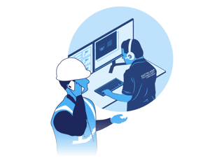 An engineer, wearing a hardhat in the foreground, and a technical support professional working on a computer in the background. It illustrates how Hatteland Technology offers technical support for the systems they deliver.