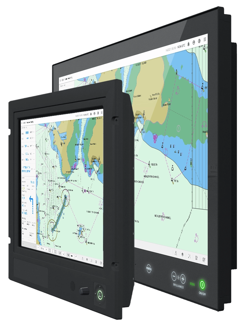 The illustration shows two Hatteland Technology maritime monitors: Series 1 and Series X. The both display nautical charts. The monitors are angeled. 