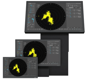 This illustration shows the T40 range of 4K maritime monitors, consisting of a 32-inch, a 43-inch and a 55-inch. One is mounted as a chart table, one on a floor stand, and the third as wall or console mount. 