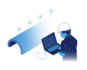 An engineer, wearing a hardhat, holding a laptop, is configuring a technical system inside a tunnel. It illustrates how Hatteland Technology helps with commissioning of the systems they deliver.