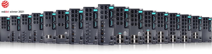 A frontal view of the Moxa EDS-4000 range of industrial switches. 