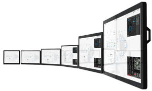 This illustration shows the full range of ENIX Pro industrial monitors, great for marine applications that do not require certification. This range of monitors shows automation systems on light backgrounds.