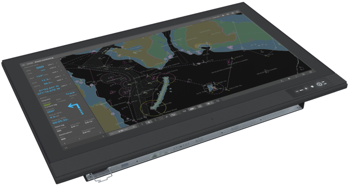 The image shows a 24 inch HD panel PC from Hatteland Technology, with a nautical chart or map loaded. It accompanies a list of six benefits of industrial Panel PCs. The panel PC is tilted, but mostly horisontal, viewed at an angle. The frame is black, surrounding a color screen.