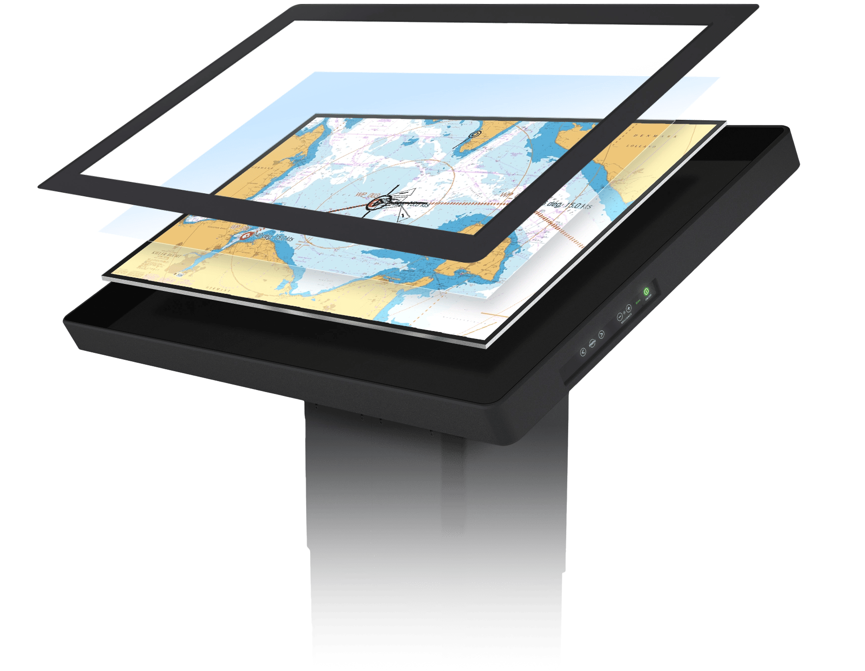 This is an illustration of Hatteland Technology's 55-inch electronic chart table. The front glass has been lifted off to indicate the layers it comes with. Polarizer material, optical bonding (optional) and a touch-enabled glass. The screen shows a digital nautical chart in colors. 
