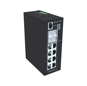 This illustrations shows the Industrial PoE switch HN G9084–LA, a much-used switch for CCTV systems in tunnels. It is a Hatteland(R) product, black, with chrome ports.