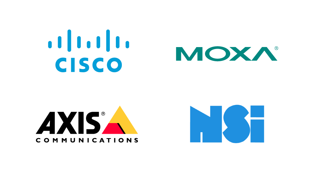 In this image, you can see a selection of Hatteland Technology's technology partners. Cisco, Moxa, Axis communication, and NSI. 