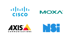 In this image, you can see a selection of Hatteland Technology's technology partners. Cisco, Moxa, Axis communication, and NSI.