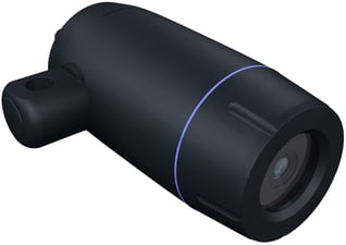 A bird's eye view of the Hatteland varifocal, bullet surveillance camera. The camera body is black with a purple stripe across it. 
