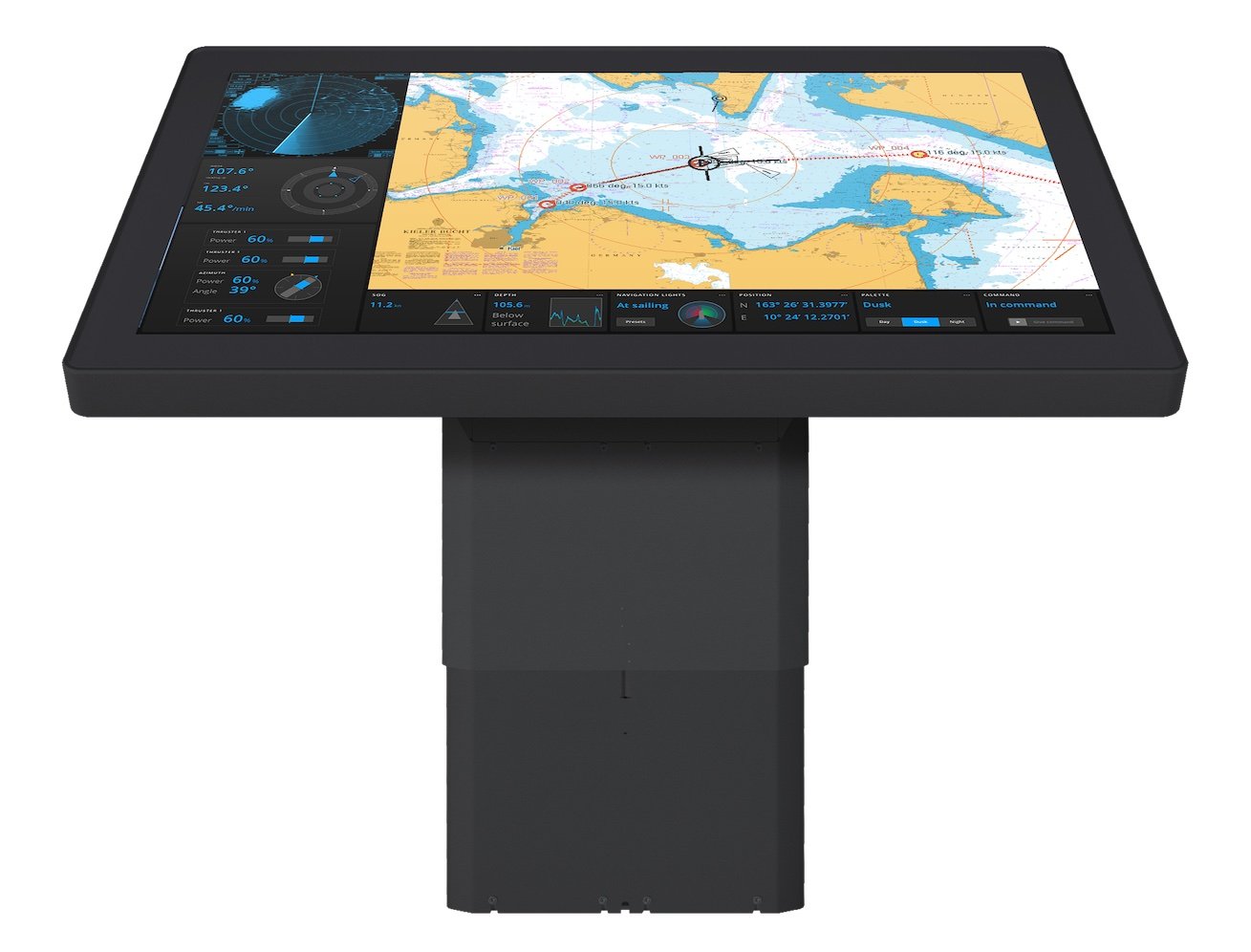 A modern, electronic chart table is shown displaying a nautical chart. The colours match those of the conventional paper chart. 