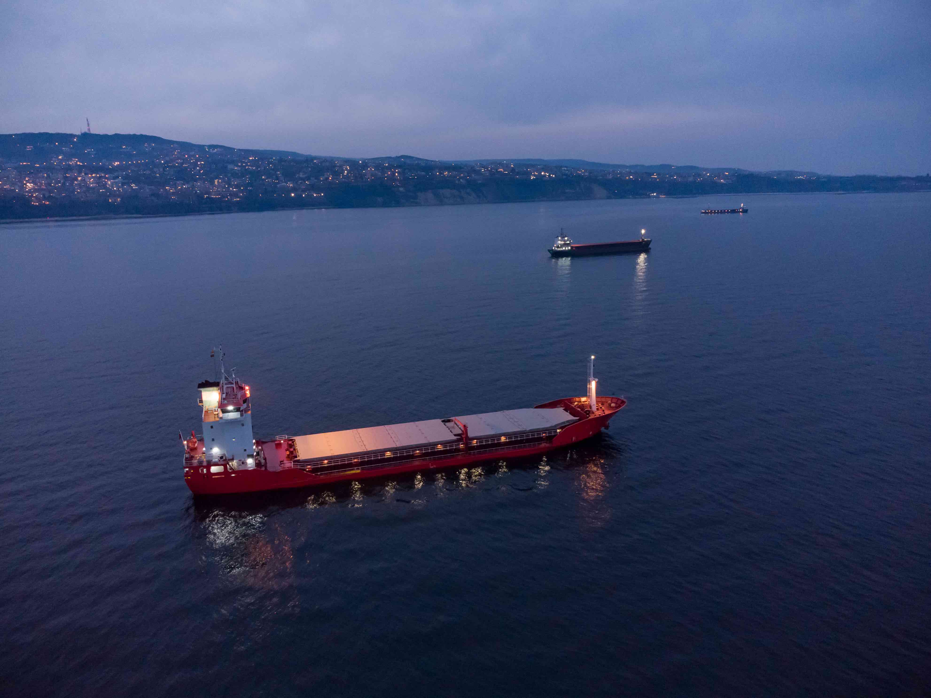 Three bulk carriers are seen at night, sailing along the coastline. The water is calm and dark blue. The vessels are lit by onboard lights.